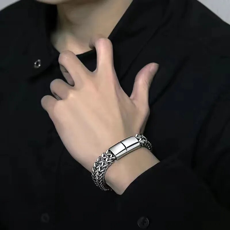 Magnetic Buckle Bracelet, Double Row Braided Stainless Steel, Fish Scale Alloy, Stylish Keel Jewelry for Men