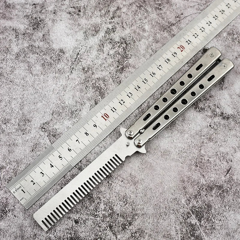 Stainless Steel Foldable Comb Butterfly Knife Training Comb Beard Moustache Brush Hair Styling Salo 1