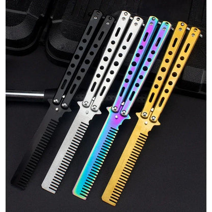 Stainless Steel Foldable Comb Butterfly Knife Training Comb Beard Moustache Brush Hair Styling Salo 3
