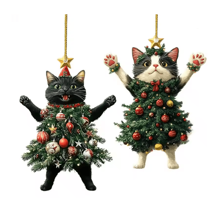 PurrJoy Christmas Cat Ornament for Tree, Car, and Holiday Decor