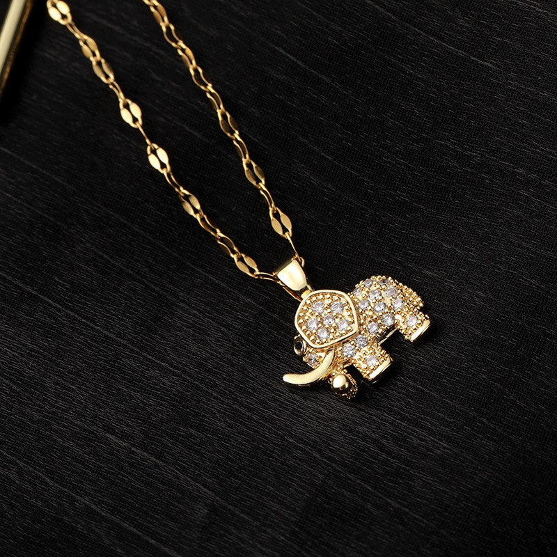 Golden Copper Elephant Pendant, Cubic Zirconia Necklace, Cute Jewelry for Women and Men, Daily Party Wear