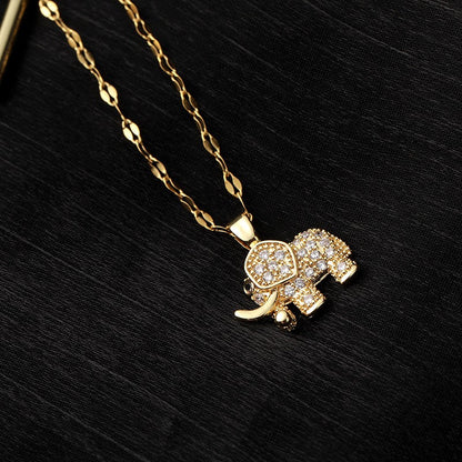 Golden Copper Elephant Pendant, Cubic Zirconia Necklace, Cute Jewelry for Women and Men, Daily Party Wear