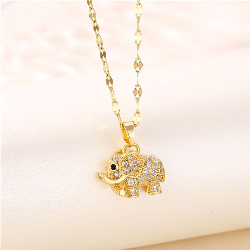 Golden Copper Elephant Pendant, Cubic Zirconia Necklace, Cute Jewelry for Women and Men, Daily Party Wear