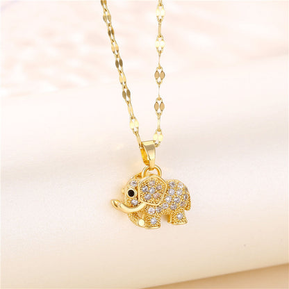 Golden Copper Elephant Pendant, Cubic Zirconia Necklace, Cute Jewelry for Women and Men, Daily Party Wear