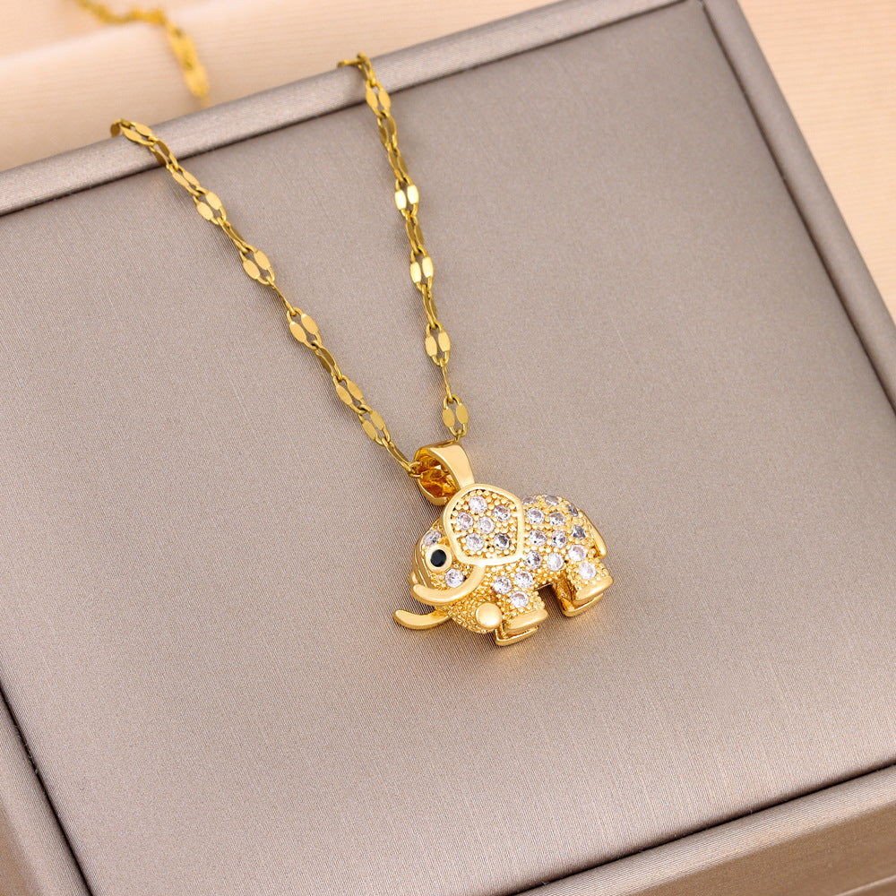 Golden Copper Elephant Pendant, Cubic Zirconia Necklace, Cute Jewelry for Women and Men, Daily Party Wear