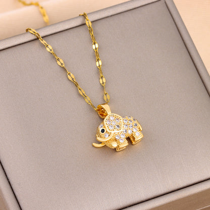 Golden Copper Elephant Pendant, Cubic Zirconia Necklace, Cute Jewelry for Women and Men, Daily Party Wear