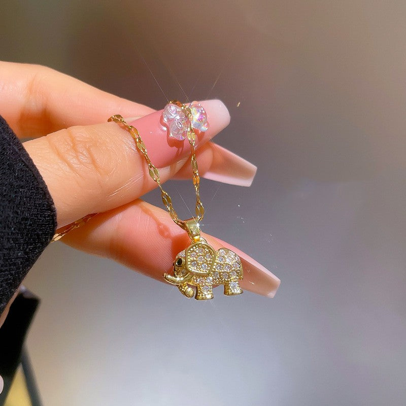 Golden Copper Elephant Pendant, Cubic Zirconia Necklace, Cute Jewelry for Women and Men, Daily Party Wear