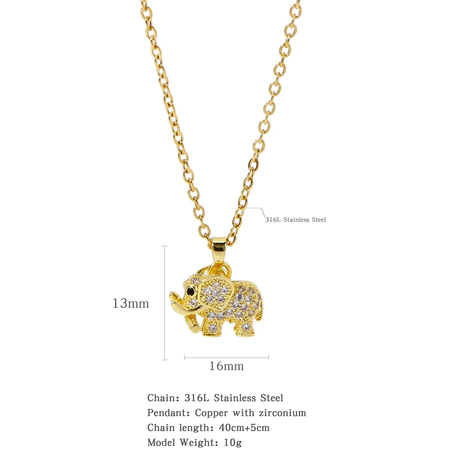 Golden Copper Elephant Pendant, Cubic Zirconia Necklace, Cute Jewelry for Women and Men, Daily Party Wear