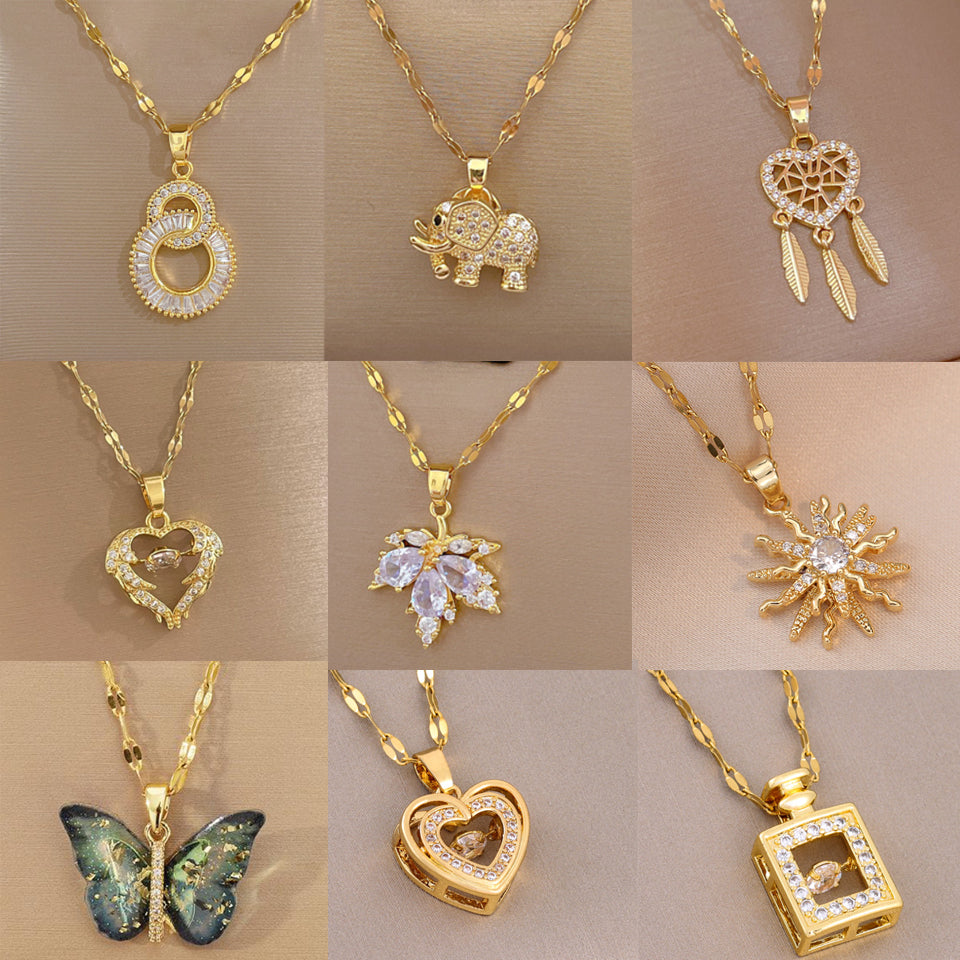 Shiny Zircon Geometric Heart, Necklace For Women, Classic Gold Color Stainless, Pendant Necklaces, Jewelry Gift