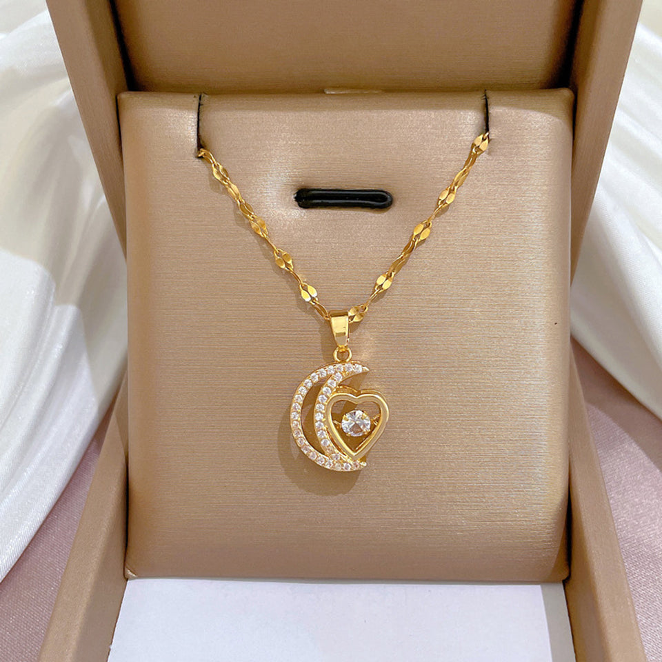 Shiny Zircon Geometric Heart, Necklace For Women, Classic Gold Color Stainless, Pendant Necklaces, Jewelry Gift