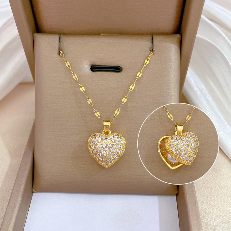 Shiny Zircon Geometric Heart, Necklace For Women, Classic Gold Color Stainless, Pendant Necklaces, Jewelry Gift
