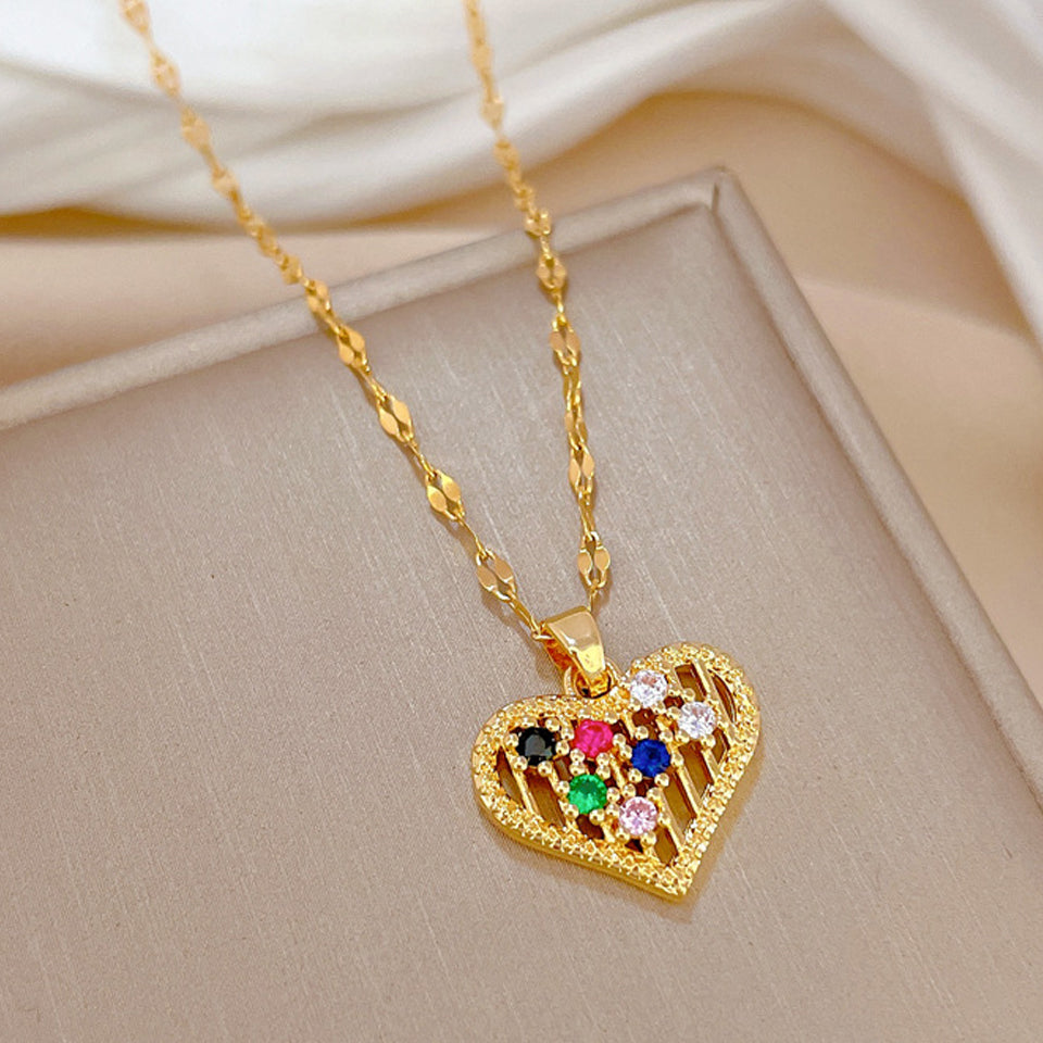 Shiny Zircon Geometric Heart, Necklace For Women, Classic Gold Color Stainless, Pendant Necklaces, Jewelry Gift