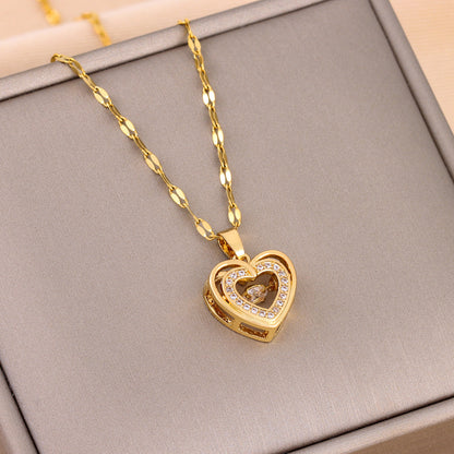 Shiny Zircon Geometric Heart, Necklace For Women, Classic Gold Color Stainless, Pendant Necklaces, Jewelry Gift