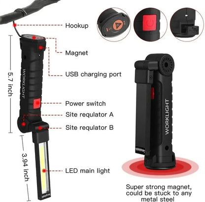 COB LED Rechargeable Work Light With Magnet And Hook  Portable Inspection Flashlight 3