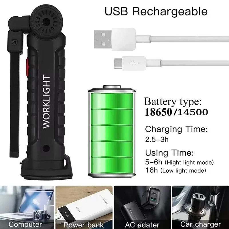 COB LED Rechargeable Work Light With Magnet And Hook  Portable Inspection Flashlight 6