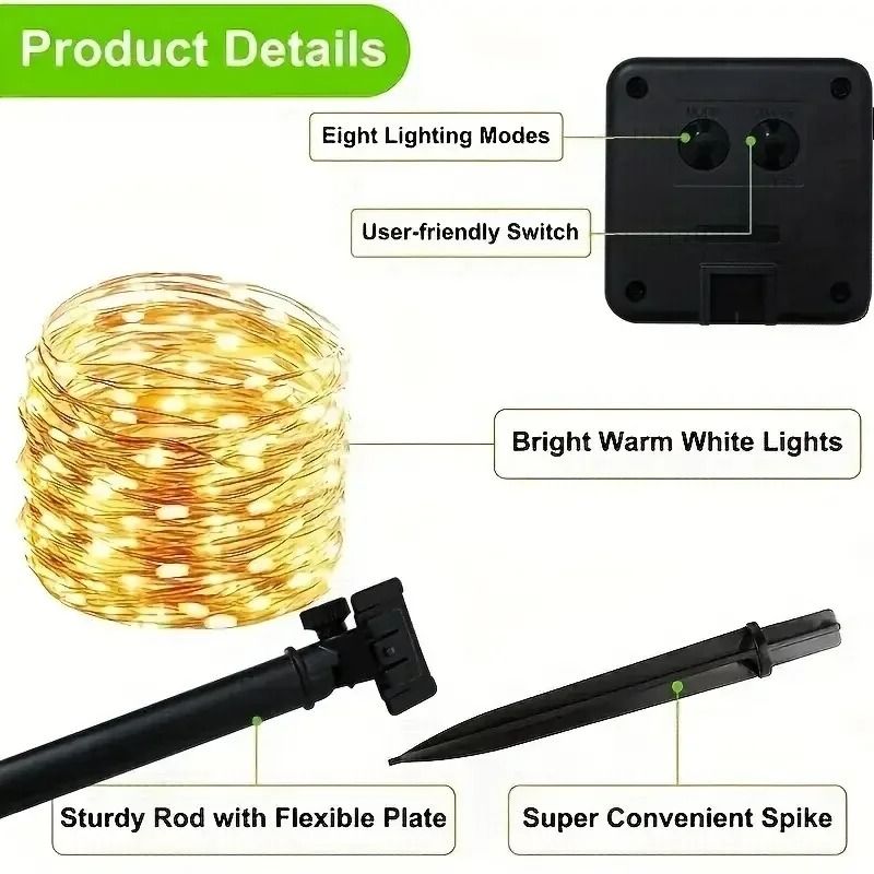 Solar Fairy String Lights With 8 Modes  Waterproof Copper Wire Garden Lights 5