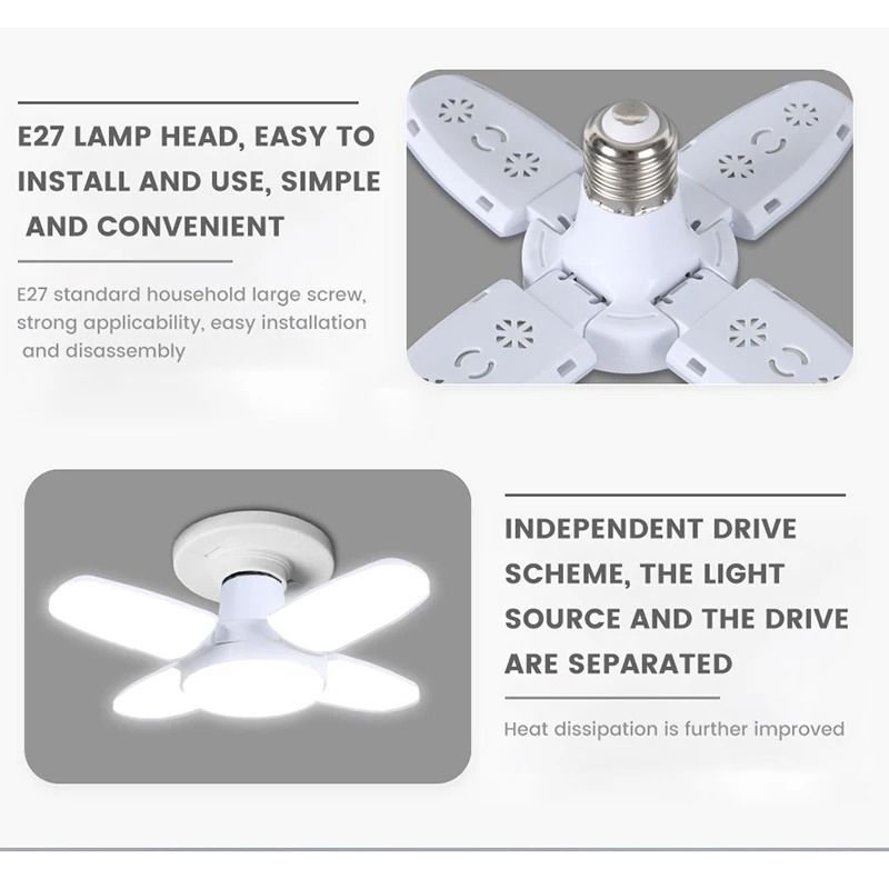 Foldable Fan Blade LED Bulb  28W E27 Base Deformable Ceiling Light For Home Garage  Warehouse 6500K 2