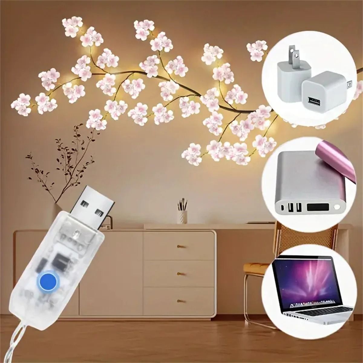 Cherry Blossom 96 LED Tree Branch Light  USB Rattan String Lamp With 8 Lighting Modes For Bedroom W 5
