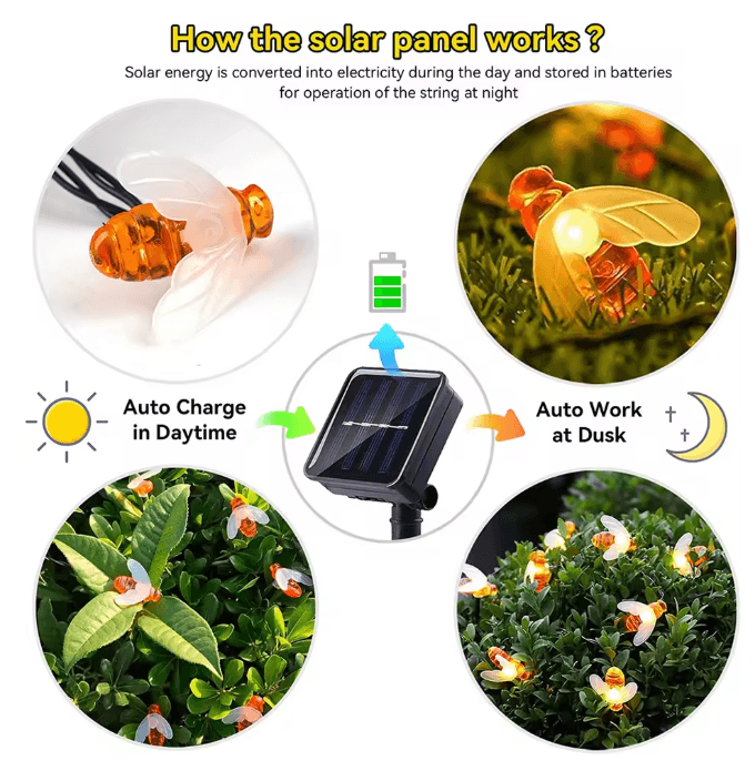 HoneyGlow Solar Bee String Lights Outdoor Garden Decor 20 LED 1