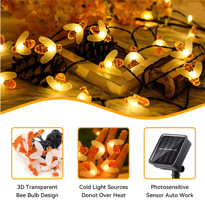 HoneyGlow Solar Bee String Lights Outdoor Garden Decor 20 LED 2
