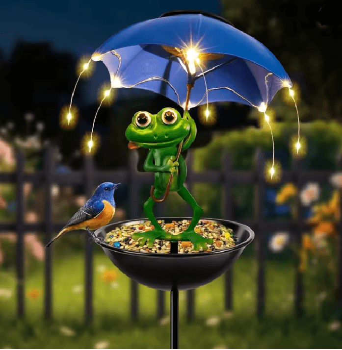 FrogGlow Solar Frog Garden Light with Umbrella and Bird Feeder Decor