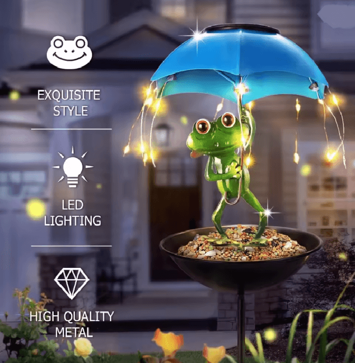 FrogGlow Solar Frog Garden Light With Umbrella And Bird Feeder Decor 1