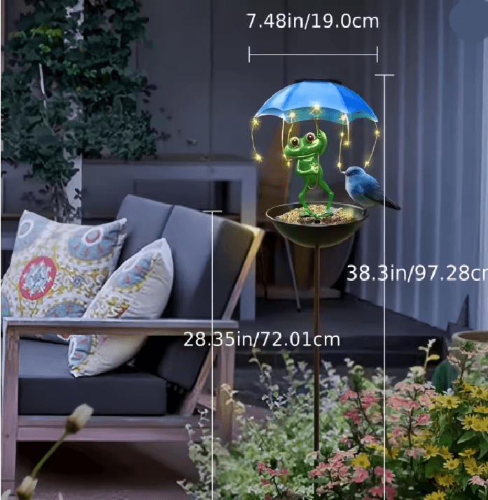 FrogGlow Solar Frog Garden Light With Umbrella And Bird Feeder Decor 2