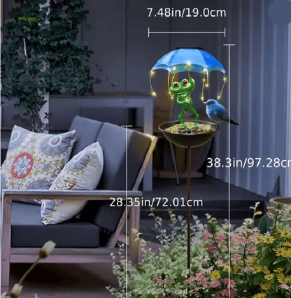 FrogGlow Solar Frog Garden Light With Umbrella And Bird Feeder Decor 2
