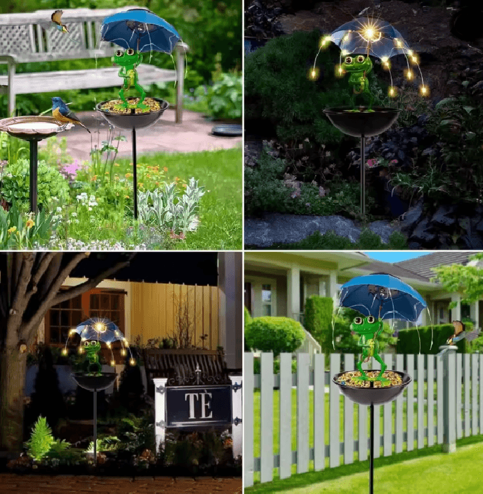 FrogGlow Solar Frog Garden Light With Umbrella And Bird Feeder Decor 3
