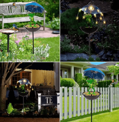 FrogGlow Solar Frog Garden Light With Umbrella And Bird Feeder Decor 3