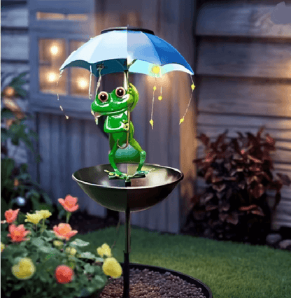 FrogGlow Solar Frog Garden Light With Umbrella And Bird Feeder Decor 4