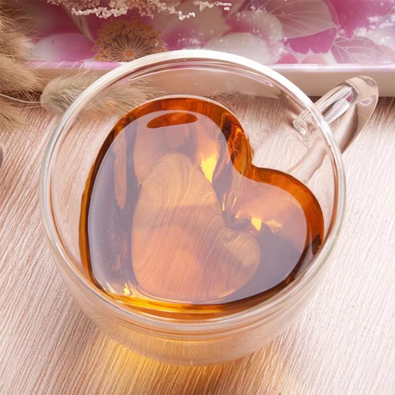 Heart Shaped Double Wall Glass Mug Set for Couples Heat Resistant Coffee Tea Espresso Wine Cups
