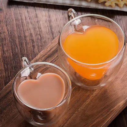 Heart Shaped Double Wall Glass Mug Set For Couples Heat Resistant Coffee Tea Espresso Wine Cups 2