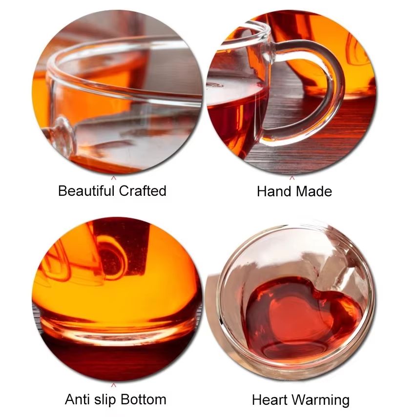 Heart Shaped Double Wall Glass Mug Set For Couples Heat Resistant Coffee Tea Espresso Wine Cups 3
