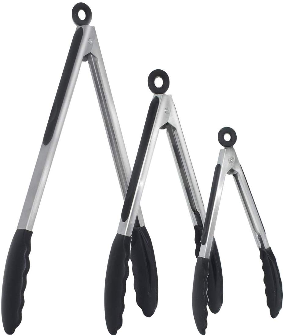 Silicone Kitchen BBQ Tongs, Stainless Steel Cooking Tongs, Locking Non Slip Food Tongs with Silicone Tips
