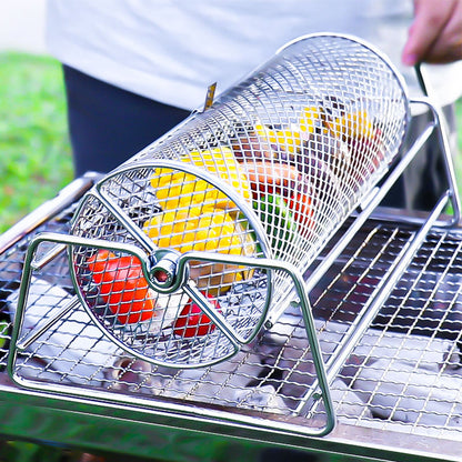 Stainless Steel Rolling BBQ Grill Mesh Basket, Rotisserie Grill Basket Roll, Barbecue Cage Roaster for Outdoor Cooking
