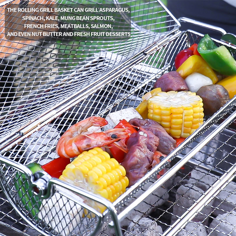 Stainless Steel Rolling BBQ Grill Mesh Basket, Rotisserie Grill Basket Roll, Barbecue Cage Roaster for Outdoor Cooking