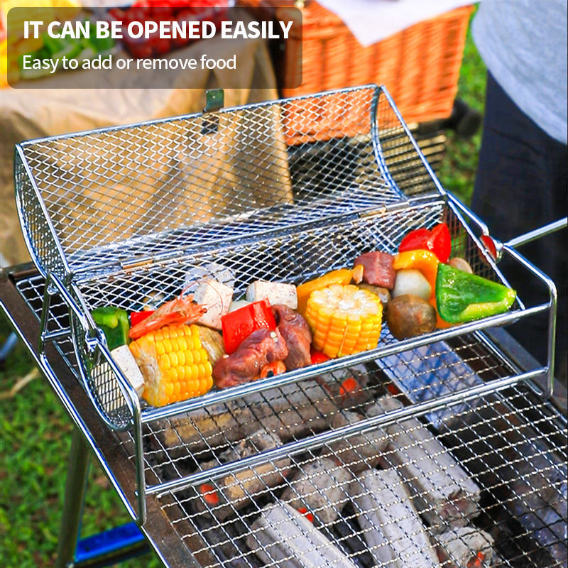 Stainless Steel Rolling BBQ Grill Mesh Basket, Rotisserie Grill Basket Roll, Barbecue Cage Roaster for Outdoor Cooking