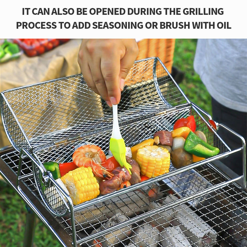 Stainless Steel Rolling BBQ Grill Mesh Basket, Rotisserie Grill Basket Roll, Barbecue Cage Roaster for Outdoor Cooking