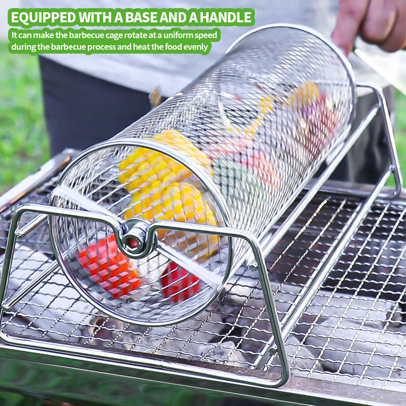 Stainless Steel Rolling BBQ Grill Mesh Basket, Rotisserie Grill Basket Roll, Barbecue Cage Roaster for Outdoor Cooking