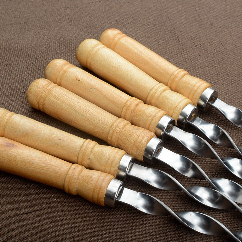 Large Barbecue Skewer Stainless Steel BBQ Kebab Stick Reusable Wooden Handle Grill Tool For Outdoor 3