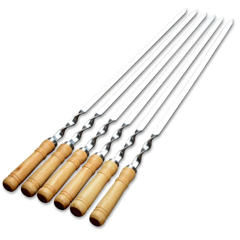 Large Barbecue Skewer Stainless Steel BBQ Kebab Stick Reusable Wooden Handle Grill Tool For Outdoor 5
