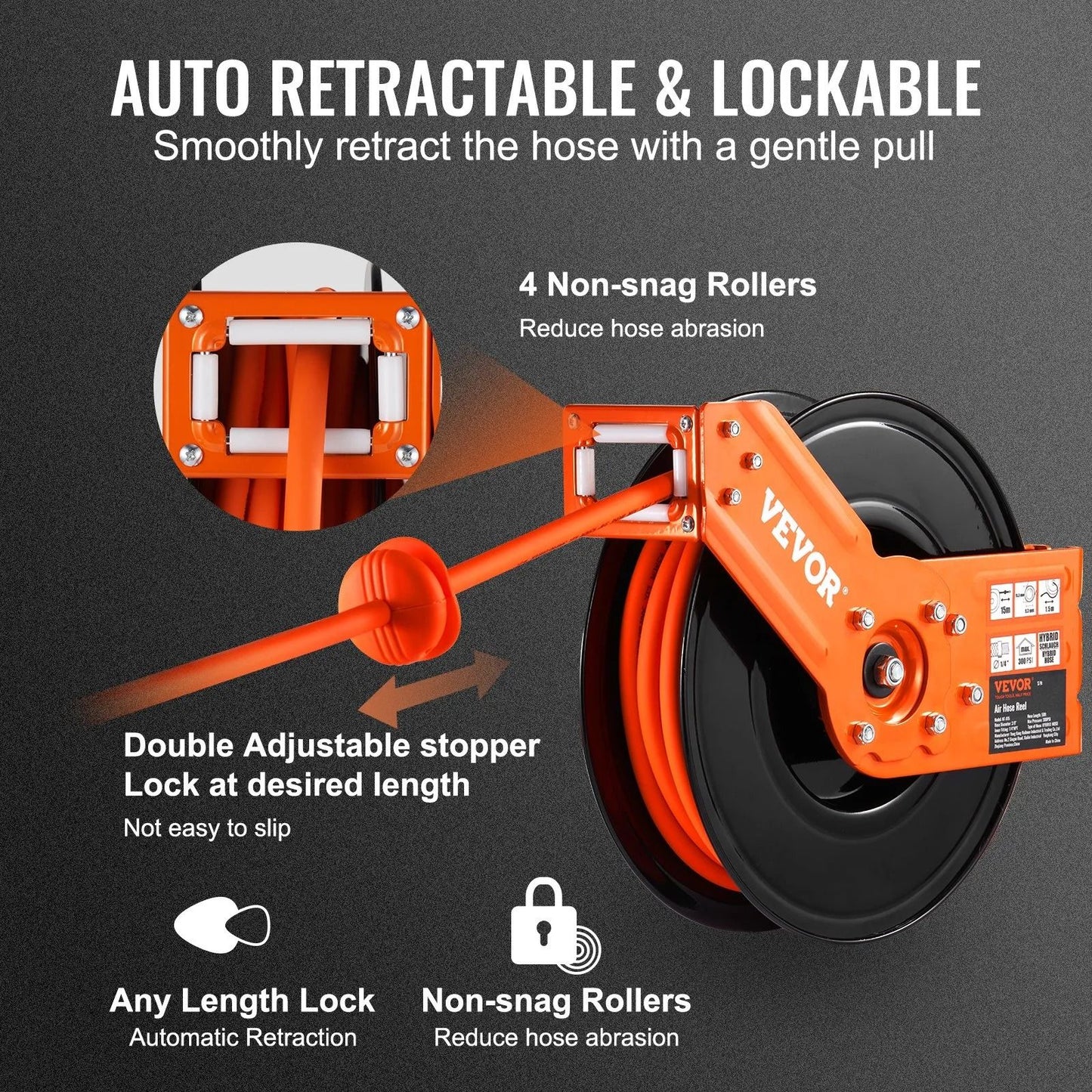 Hybrid Air Hose Reel Retractable Air Compressor Hose Wall Ceiling Mount Heavy Duty Double Arm Steel 2