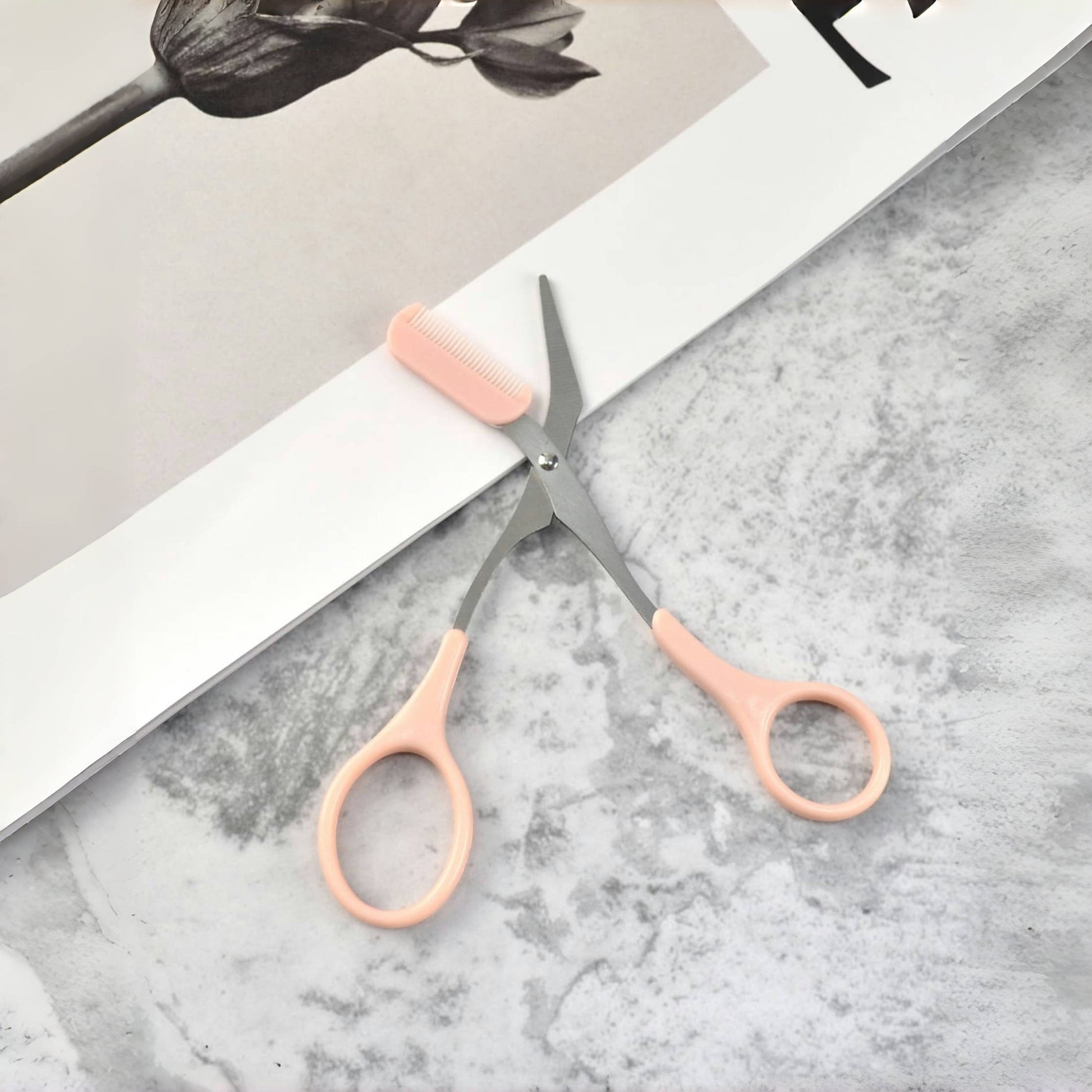 Stainless steel eyebrow trimming scissors, pink, with built-in comb, precise grooming tool for perfect eyebrows