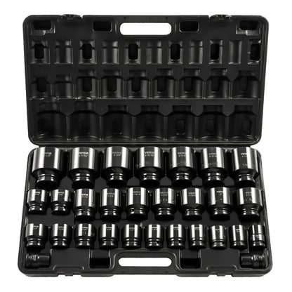 Impact Socket Set, Point Sockets, CR-MO Alloy Steel, SAE, Durable Storage Case