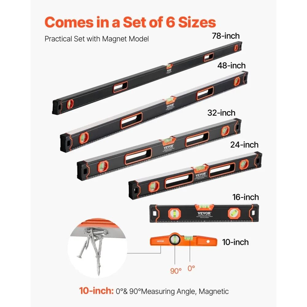 Box Levels Set Torpedo Level Bubble Vials Ruler ShockProof Aluminum Alloy Magnetic Leveler Tool SAE 6