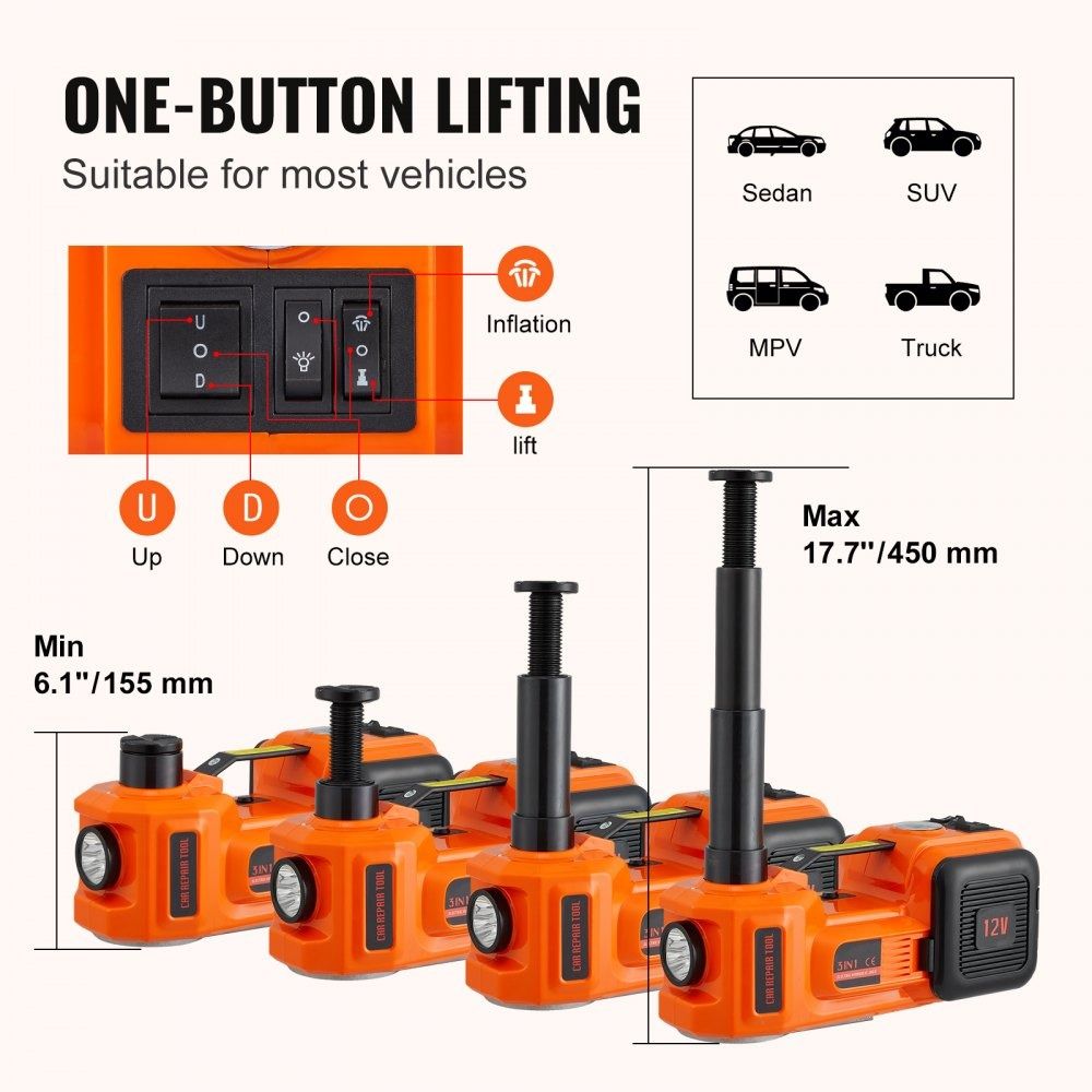 Electric Hydraulic Car Jack With Impact Wrench Portable Car Lift Builtin Tire Inflator LED Light 6