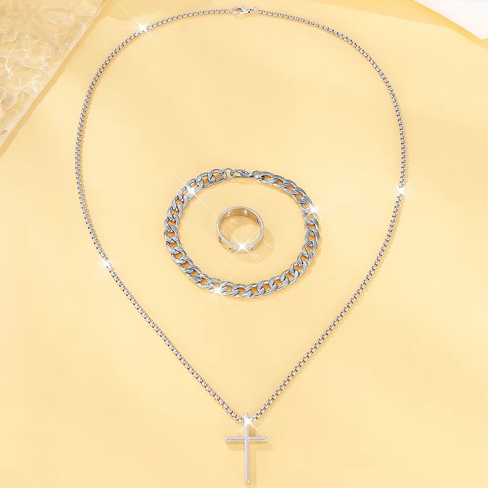 Mens Cross Jewelry Set Necklace Bracelet And Ring Fashion Alloy Christian Gift 10