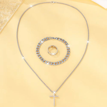 Mens Cross Jewelry Set Necklace Bracelet And Ring Fashion Alloy Christian Gift 10
