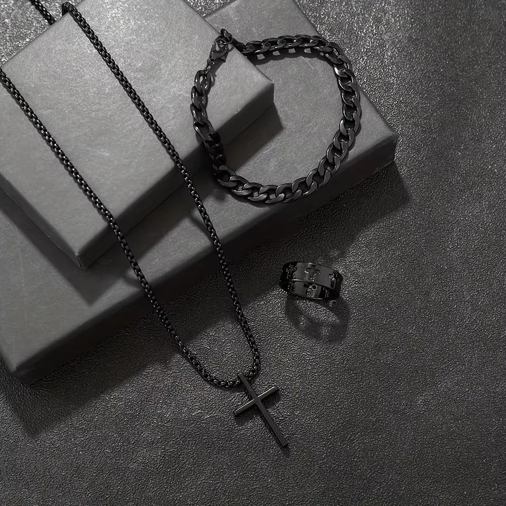 Mens Cross Jewelry Set Necklace Bracelet And Ring Fashion Alloy Christian Gift 1